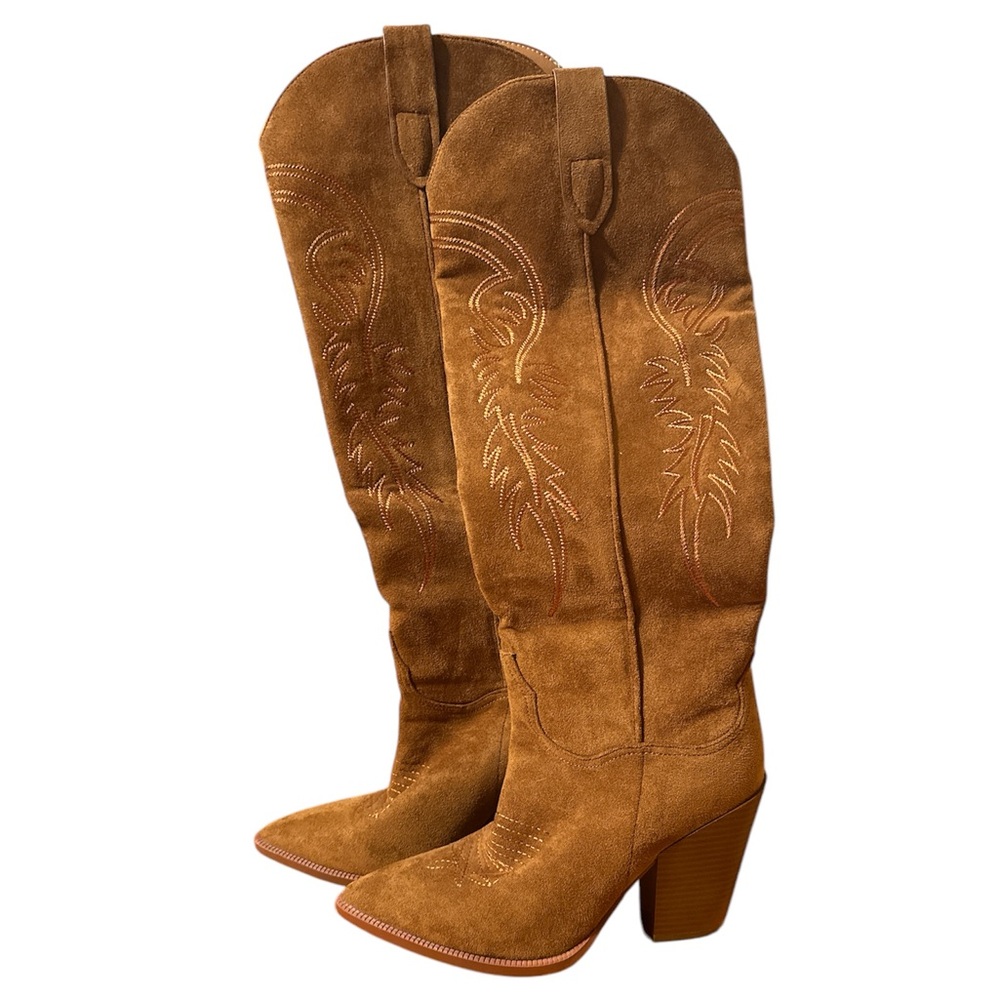 Knee high suede cowboy boots